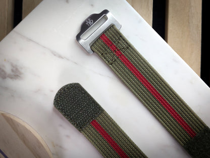 The Adventurer - Ribbed Nylon Single Pass Hook and Loop Watch Strap - Green Red