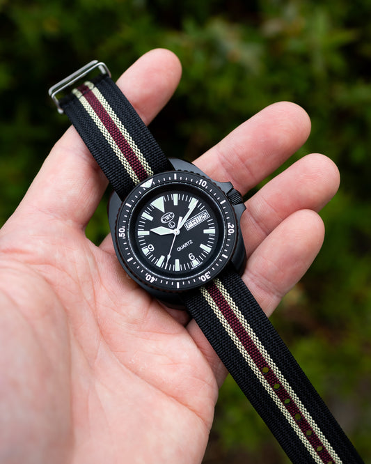 Premium Nylon Braided Ribbed Single Pass Watch Strap - Black Khaki Red