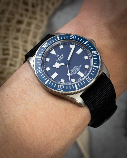 The Adventurer - Tubular Nylon Single Pass Hook and Loop Watch Strap - Black