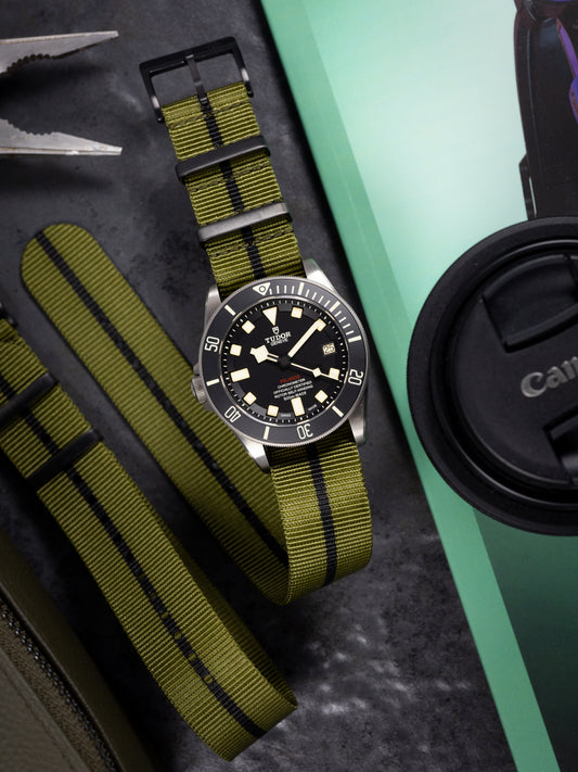 Obsidian Series - Premium Tubular Nylon Single Pass Watch Strap - Green Black