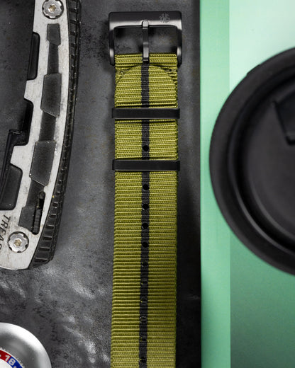 Obsidian Series - Premium Tubular Nylon Single Pass Watch Strap - Green Black
