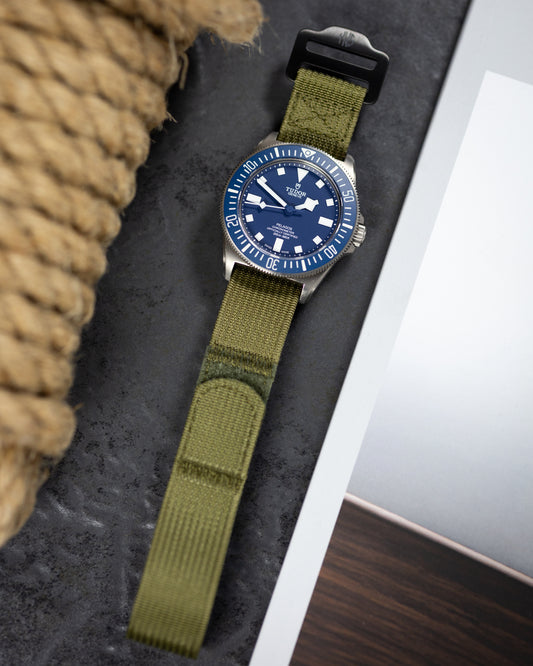 The Adventurer Blackout - Ribbed Nylon Single Pass Hook and Loop Watch Strap - Forest Green