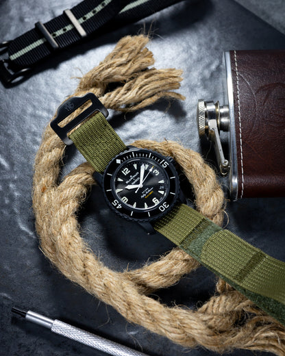The Adventurer Blackout - Ribbed Nylon Single Pass Hook and Loop Watch Strap - Forest Green