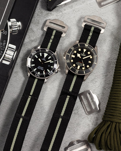 The Adventurer - Tubular Nylon Single Pass Hook and Loop Watch Strap - Black Grey