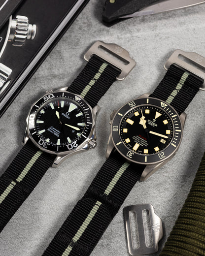 The Adventurer - Tubular Nylon Single Pass Hook and Loop Watch Strap - Black Grey