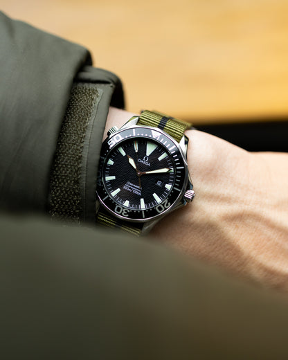 The Adventurer Blackout - Tubular Nylon Single Pass Hook and Loop Watch Strap - Green Black
