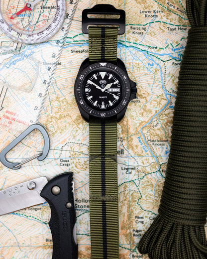 The Adventurer Blackout - Tubular Nylon Single Pass Hook and Loop Watch Strap - Green Black