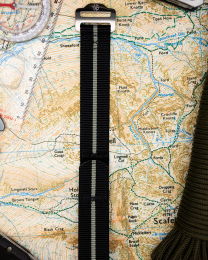 The Adventurer - Tubular Nylon Single Pass Hook and Loop Watch Strap - Black Grey