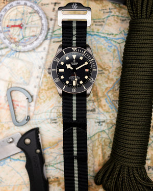 The Adventurer - Tubular Nylon Single Pass Hook and Loop Watch Strap - Black Grey