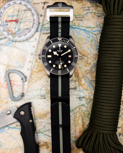 The Adventurer - Tubular Nylon Single Pass Hook and Loop Watch Strap - Black Grey
