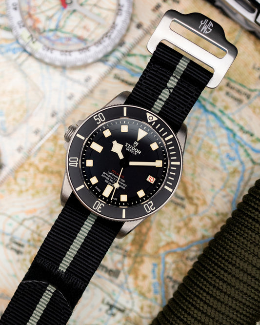 The Adventurer - Tubular Nylon Single Pass Hook and Loop Watch Strap - Black Grey