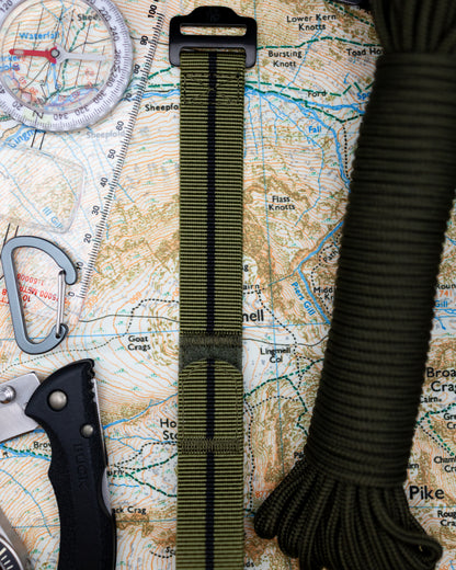 The Adventurer Blackout - Tubular Nylon Single Pass Hook and Loop Watch Strap - Green Black