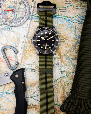 The Adventurer Blackout - Tubular Nylon Single Pass Hook and Loop Watch Strap - Green Black