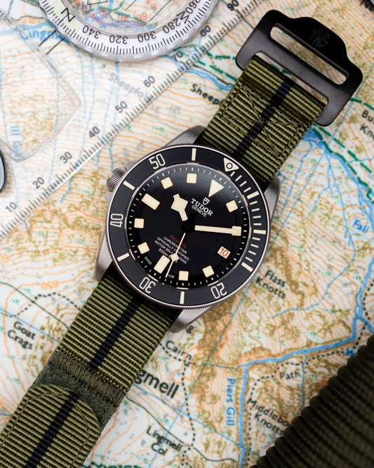 The Adventurer Blackout - Tubular Nylon Single Pass Hook and Loop Watch Strap - Green Black