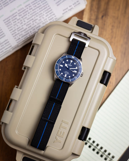 The Adventurer Elastics - Single Pass Hook and Loop Watch Strap - Black Blue