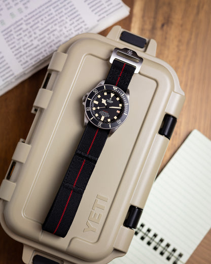 The Adventurer Elastics - Single Pass Hook and Loop Watch Strap - Black Red