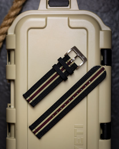 Premium Nylon Braided Ribbed Nylon Two Piece Watch Strap - Black Khaki Red