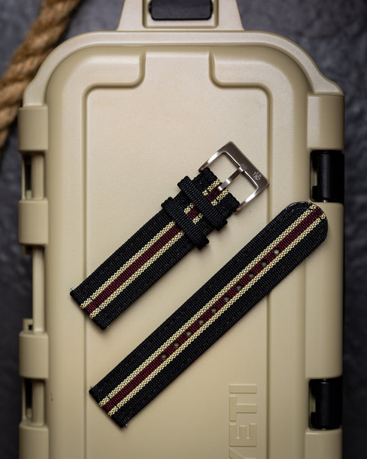 Premium Nylon Braided Ribbed Nylon Two Piece Watch Strap - Black Khaki Red