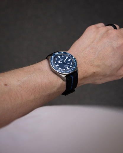The Adventurer Elastics - Single Pass Hook and Loop Watch Strap - Black Blue
