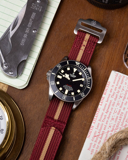 The Adventurer - Ribbed Nylon Single Pass Hook and Loop Watch Strap - Maroon Khaki