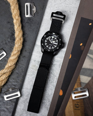 The Adventurer Blackout - Ribbed Nylon Single Pass Hook and Loop Watch Strap - Black