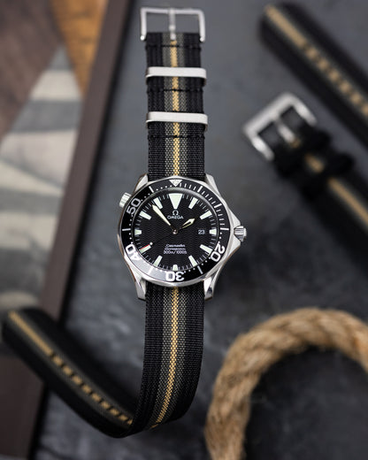 Premium Nylon Braided Ribbed Single Pass Watch Strap - Bond "FIRST LIGHT" Black Khaki Grey
