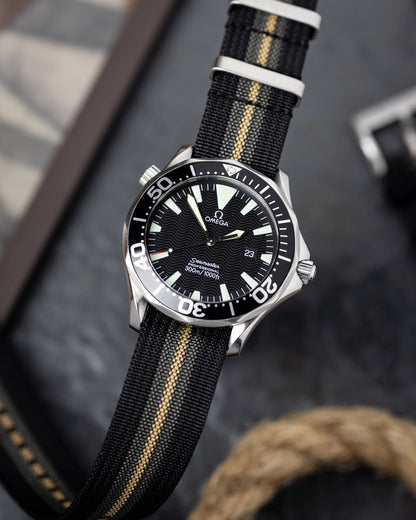 Premium Nylon Braided Ribbed Single Pass Watch Strap - Bond "FIRST LIGHT" Black Khaki Grey