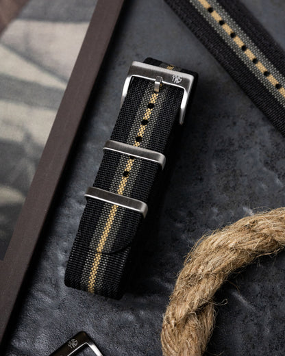Premium Nylon Braided Ribbed Single Pass Watch Strap - Bond "FIRST LIGHT" Black Khaki Grey
