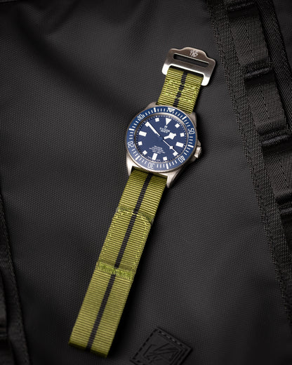 The Adventurer - Tubular Nylon Single Pass Hook and Loop Watch Strap - Green Black