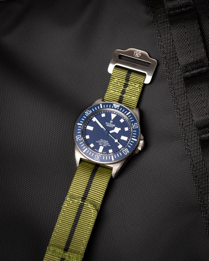 The Adventurer - Tubular Nylon Single Pass Hook and Loop Watch Strap - Green Black