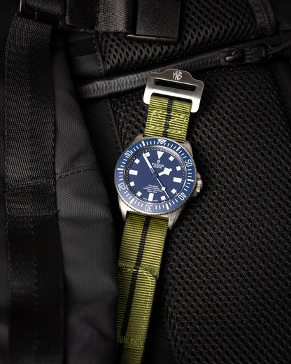 The Adventurer - Tubular Nylon Single Pass Hook and Loop Watch Strap - Green Black