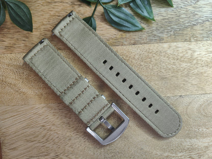 Premium Nylon Tan Military Two Piece Watch Strap - Quick Release Spring Bars - Khaki