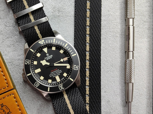 Premium Twill Single Pass For Tudor Watch Strap - Black Khaki