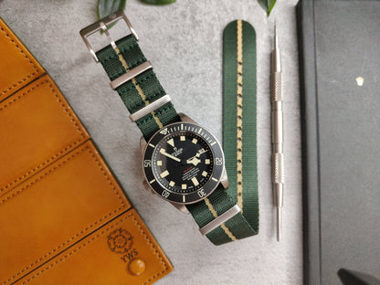 Premium Seatbelt Green and Khaki Pinstripe Watch Strap