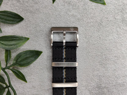 Premium Seatbelt Black Dual Grey Khaki Pinstripe Watch Strap