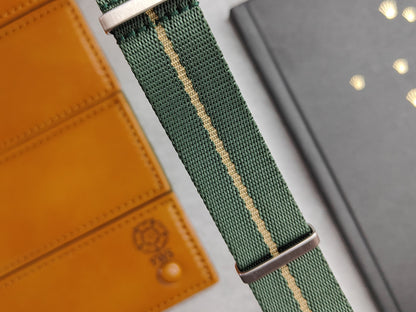 Premium Seatbelt Green and Khaki Pinstripe Watch Strap