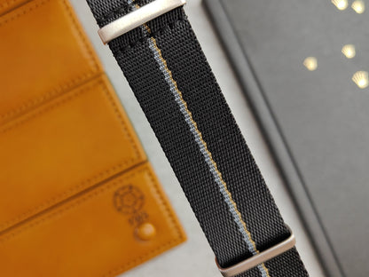 Premium Seatbelt Black Dual Grey Khaki Pinstripe Watch Strap