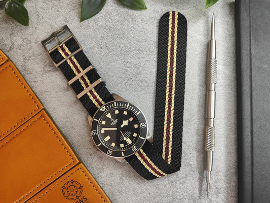 Premium Twill Single Pass For Tudor Watch Strap - Black Khaki Red