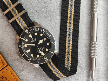 Premium Twill Single Pass For Tudor Watch Strap - Black Khaki Grey