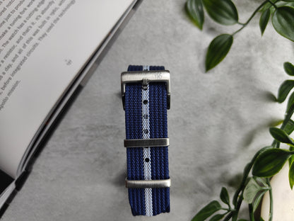 Premium Nylon Braided Ribbed Single Pass Watch Strap - Navy Blue Silver