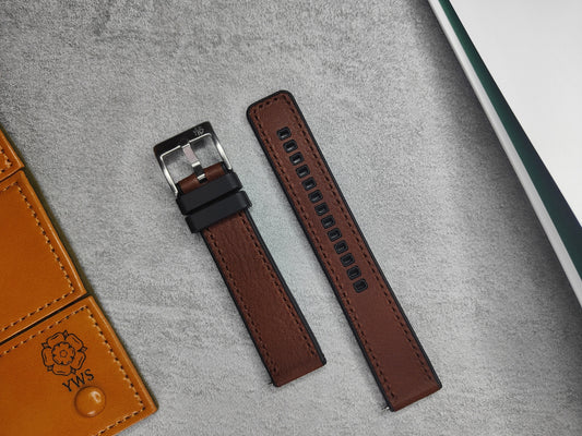 Premium Hybrid Leather FKM Rubber Two Piece Watch Strap (20mm - 22mm) Dark Aged Brown - Quick Release Spring Bars