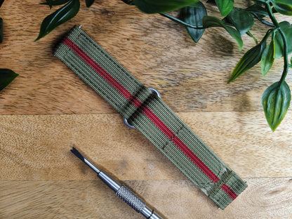 Premium Ribbed Ballistic Nylon Two Piece Velcro Watch Strap - Green Red