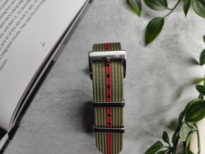 Premium Nylon Braided Ribbed Single Pass Watch Strap - Green Red