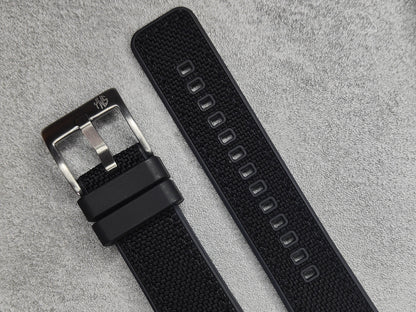 Premium Hybrid Sailcloth FKM Rubber Two Piece Watch Strap (20mm - 22mm) Black - Quick Release Spring Bars