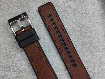 Premium Hybrid Leather FKM Rubber Two Piece Watch Strap (20mm - 22mm) Dark Aged Brown - Quick Release Spring Bars