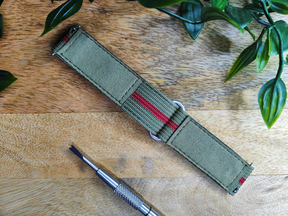 Premium Ribbed Ballistic Nylon Two Piece Velcro Watch Strap - Green Red