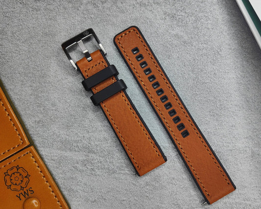 Premium Hybrid Leather FKM Rubber Two Piece Watch Strap (20mm - 22mm) Light Brown Tan - Quick Release Spring Bars